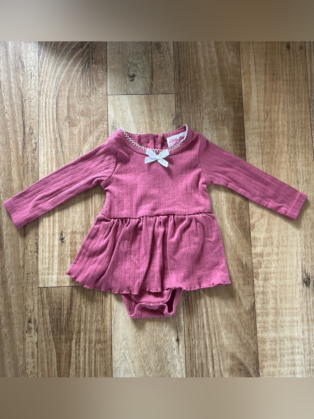 Little Lass Pink Ribbed Bow Trim Baby Dress Bodysuit size 3-6 mos